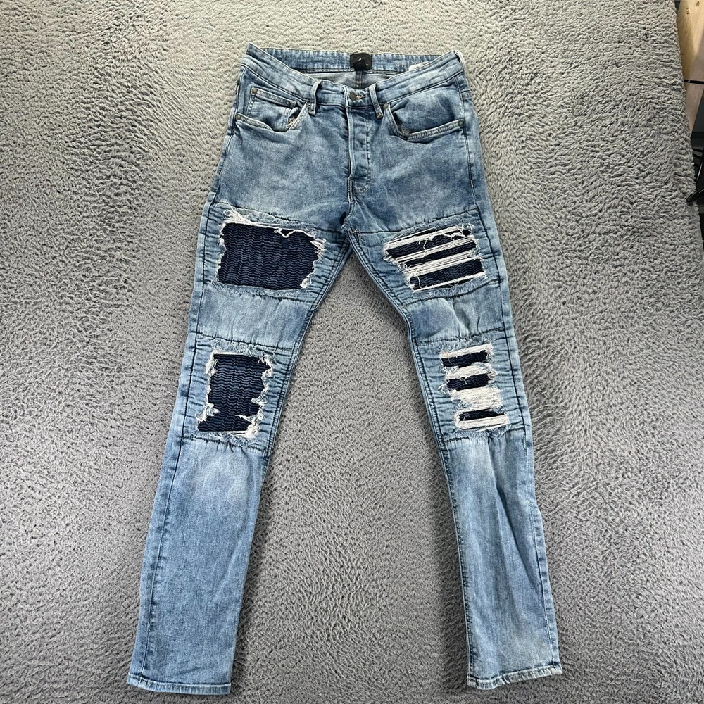 H&M Jeans Men 32x31 Blue Cotton Denim Skinny Distressed Faded Button-Fly Stretch